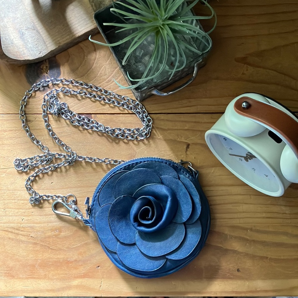 Navy Blue Vegan Leather Rose Mini Crossbody Clutch Purse
